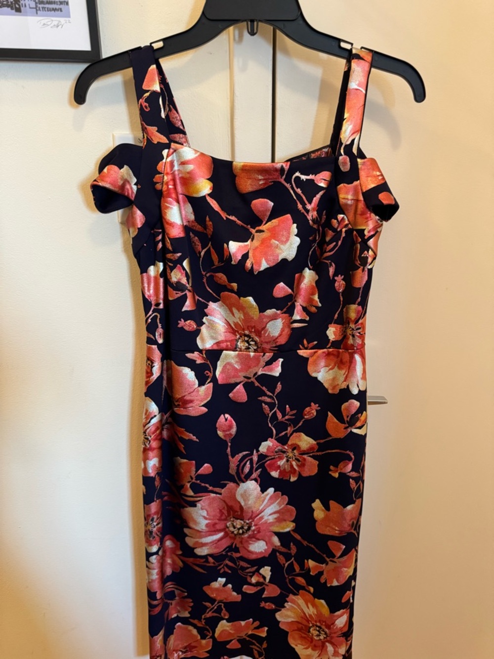 Thalia Sodi Navy Midi Dress with Pink-Orange Floral Print